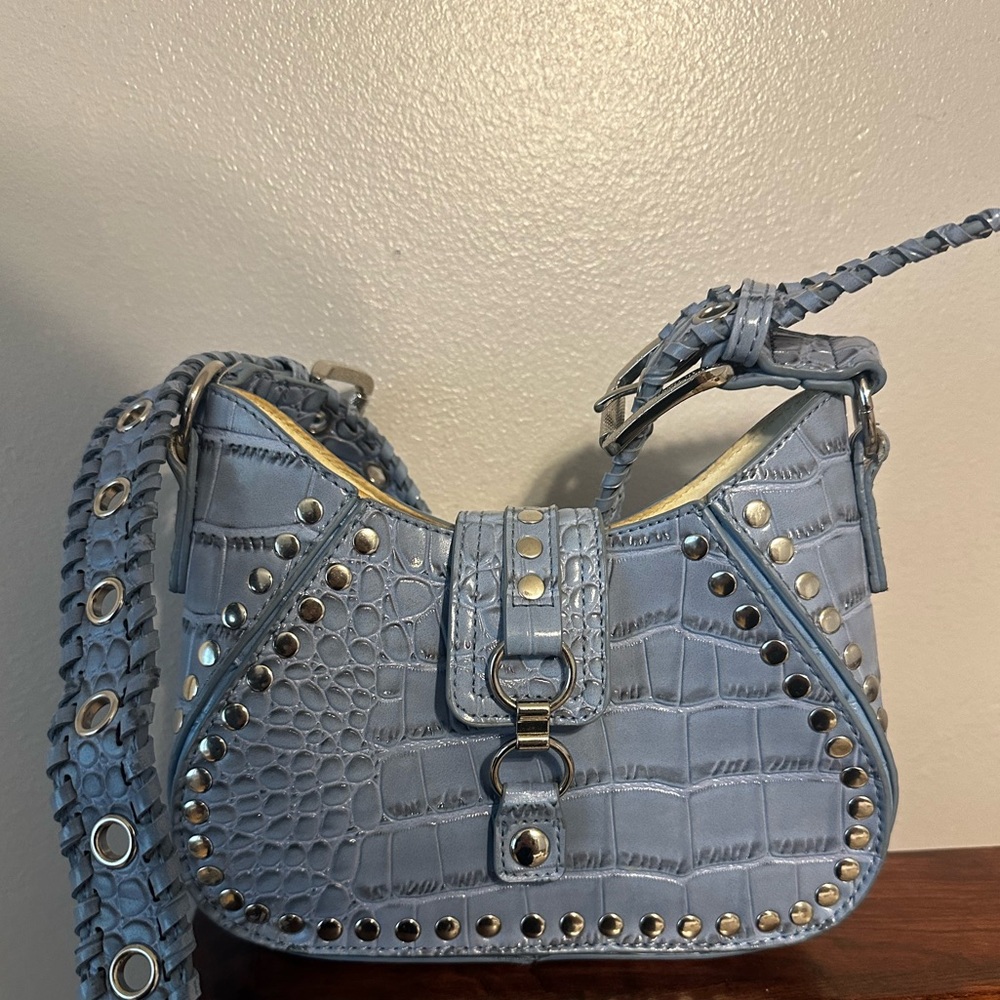 Blue Croc-Embossed Studded Shoulder Bag